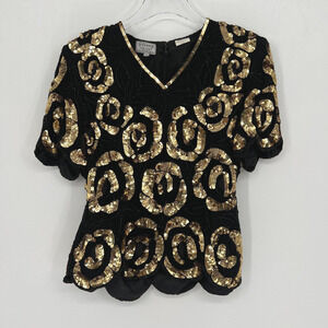 Vintage Stenay Top Womens PS Silk Beaded Sequin Gold Black Roses 80s Golden Girl